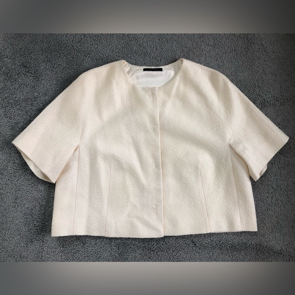 Elie Tahari cream wool short sleeves boxy crop wide relaxed jacket blazer 10 12